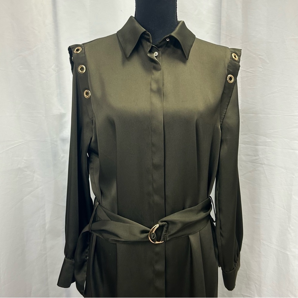 Zara Army green satin effect Grommet Eyelet Split Hem Belted Shirt Dress M NWT - Picture 7 of 14